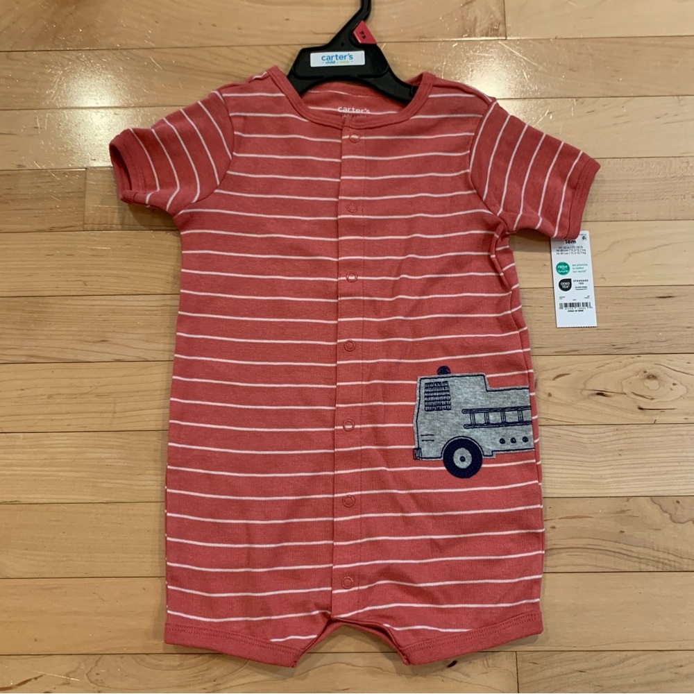 New! Carter’s baby boys size 18 months red firetruck romper outfit